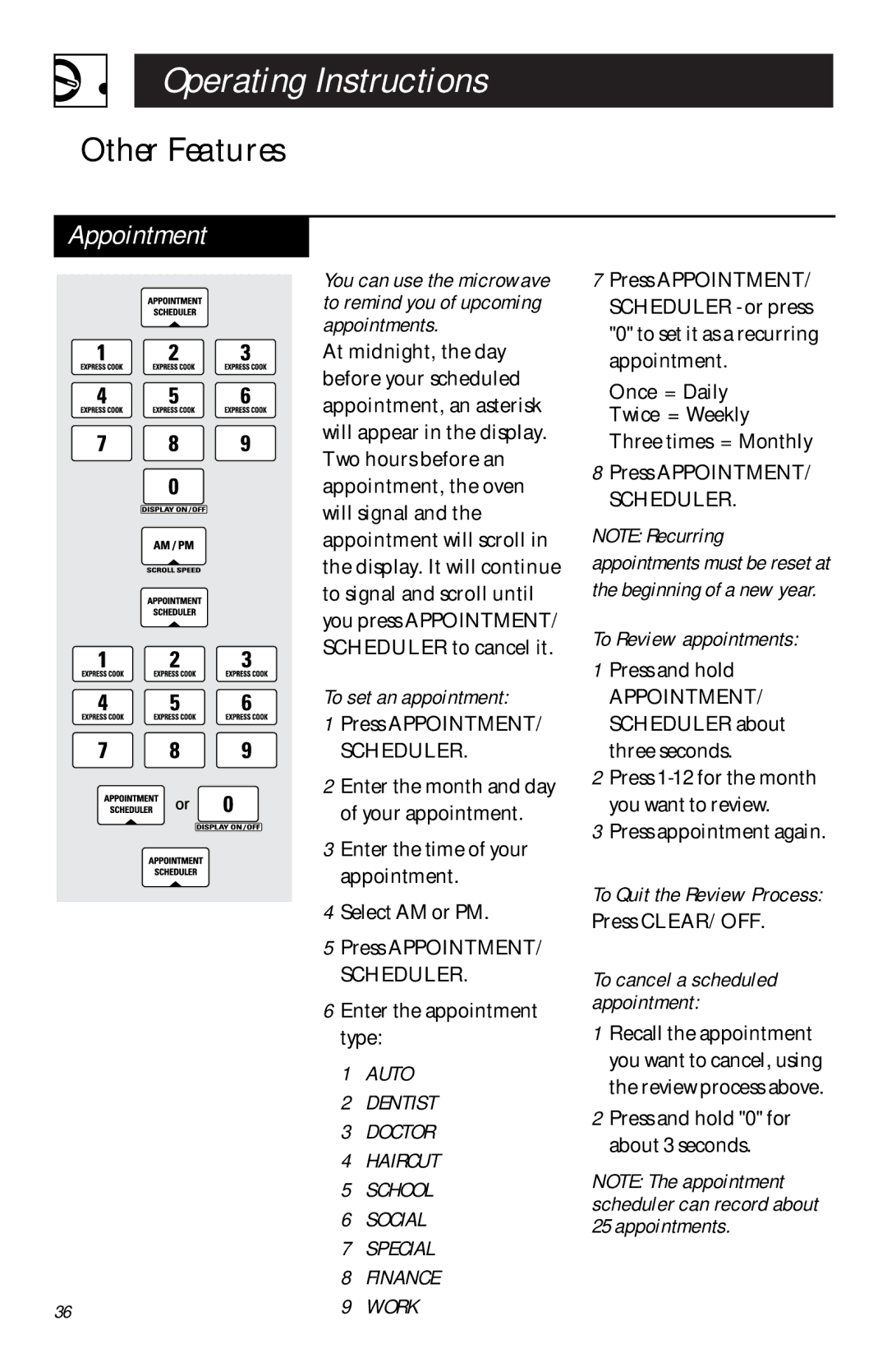 GE JVM 1660, JVM 1661 manual Appointment, To set an appointment, To Review appointments, To Quit the Review Process 