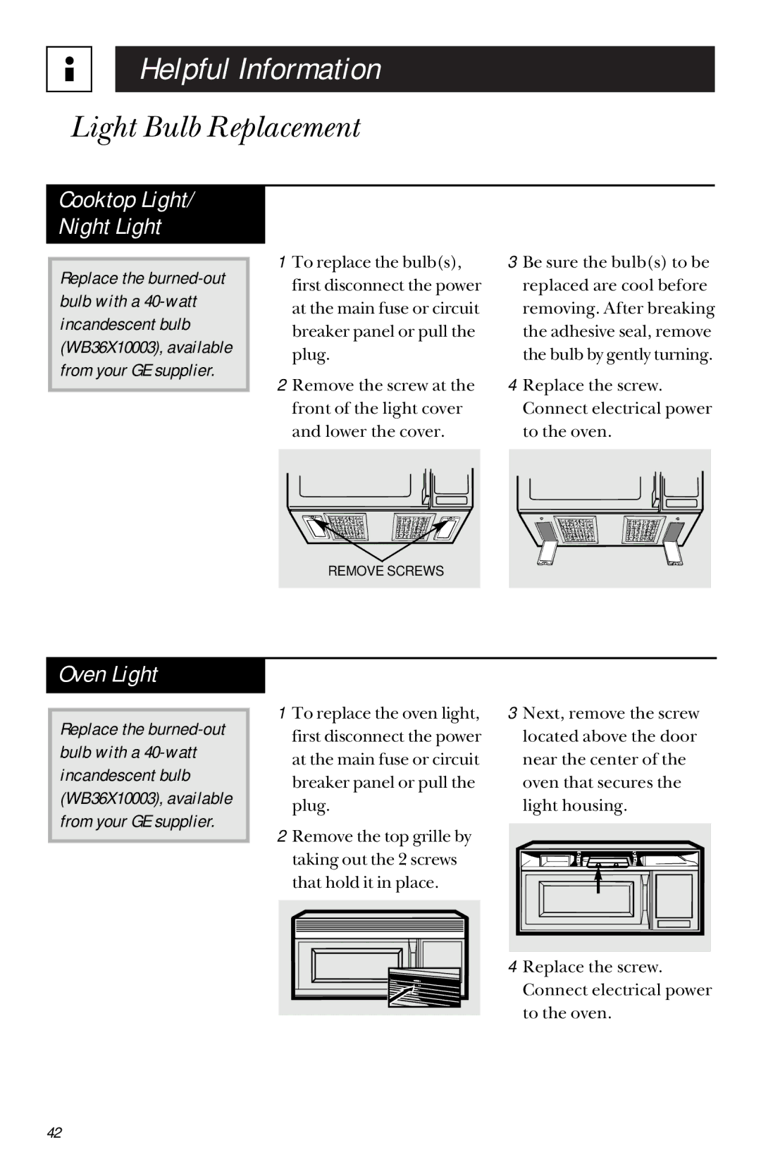 GE JVM 1660, JVM 1661 manual Light Bulb Replacement, Oven Light 