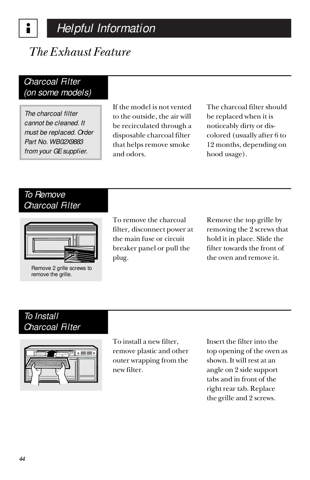 GE JVM 1660, JVM 1661 manual Exhaust Feature, To Install Charcoal Filter 