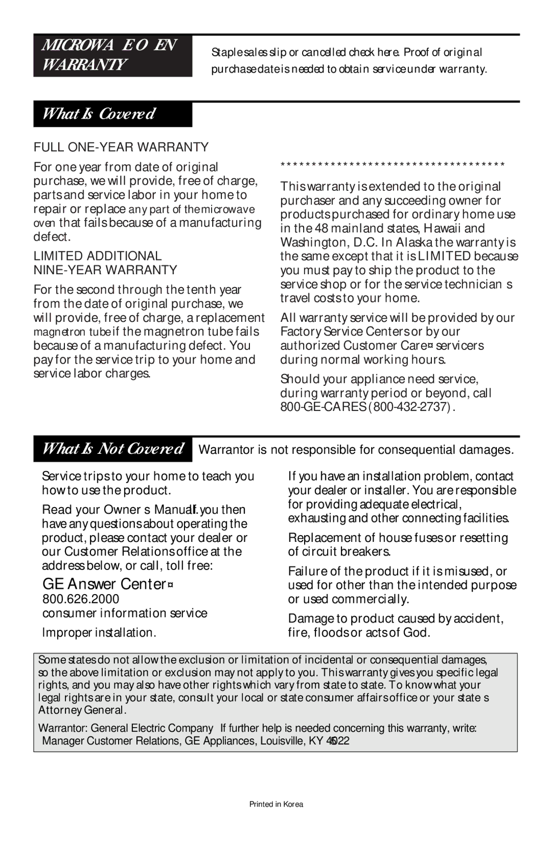 GE JVM 1660, JVM 1661 manual What Is Covered, Microwave Oven Warranty 