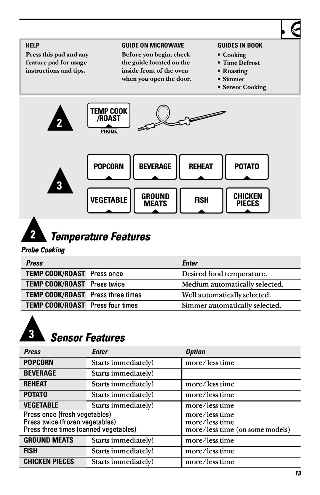 GE JVM 1661, JVM 1660 Temperature Features, Sensor Features, Probe Cooking, Press, Enter, Desired food temperature, Option 