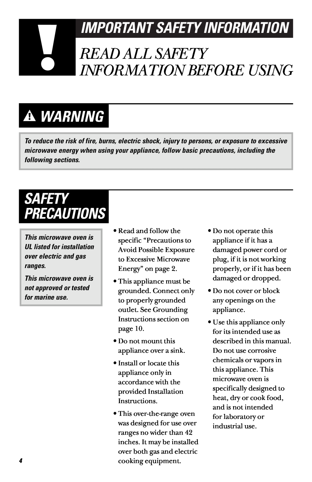 GE JVM 1660, JVM 1661 manual Safety Precautions, Read All Safety Information Before Using, Important Safety Information 