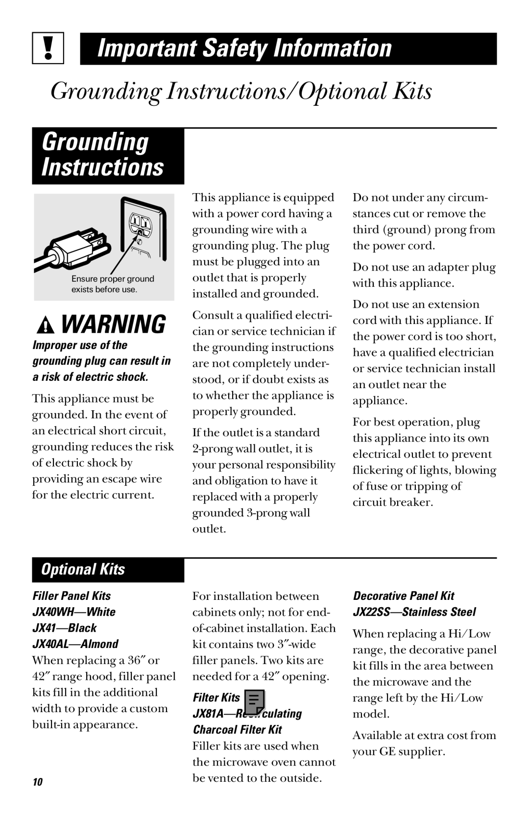 GE 49-40002, JVM1090, 164D3370P003 owner manual Optional Kits, Filler Panel Kits JX40WH-White JX41-Black JX40AL-Almond 