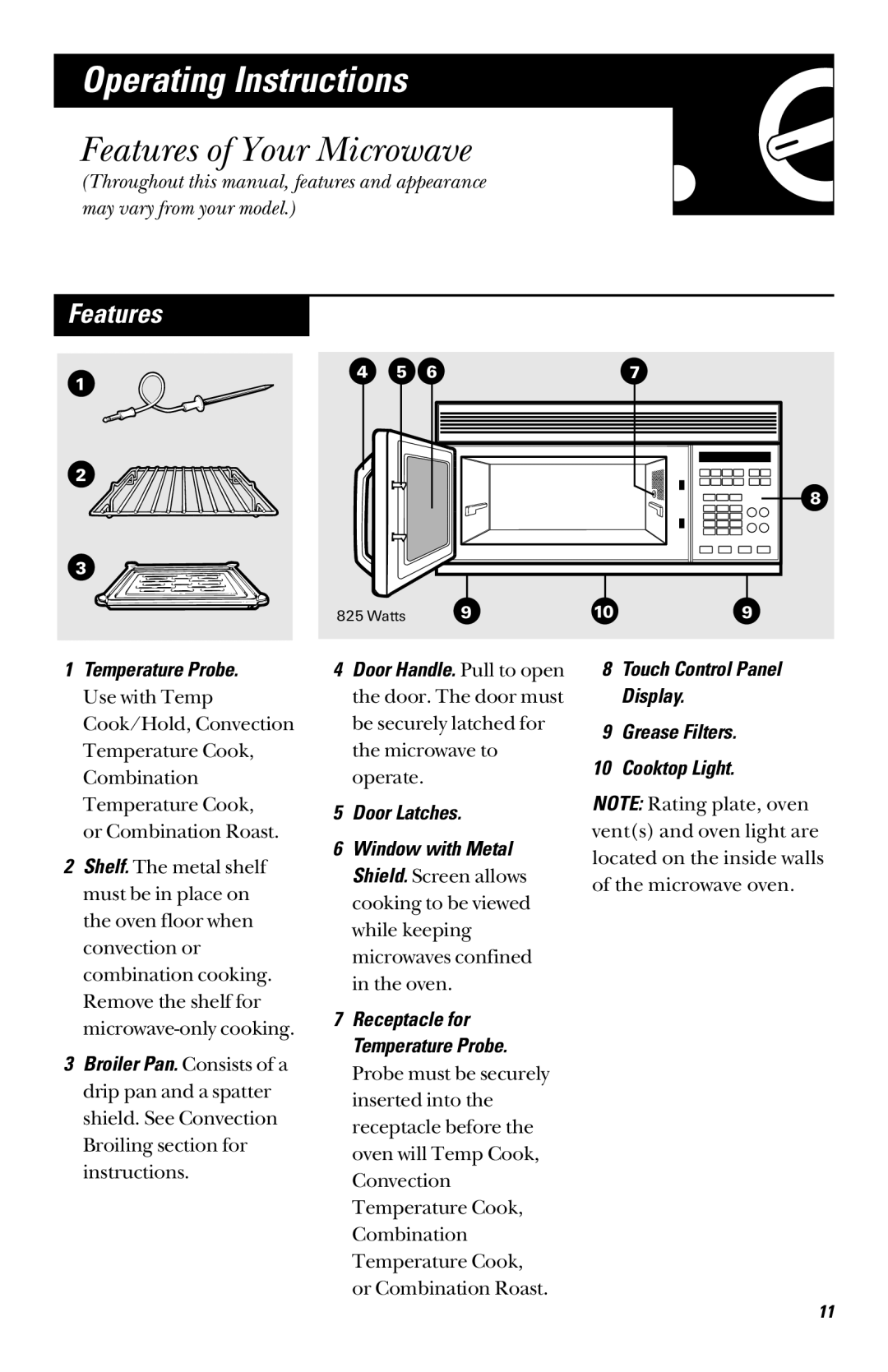 GE 164D3370P003 Features of Your Microwave, Temperature Probe, Touch Control Panel Display Grease Filters Cooktop Light 