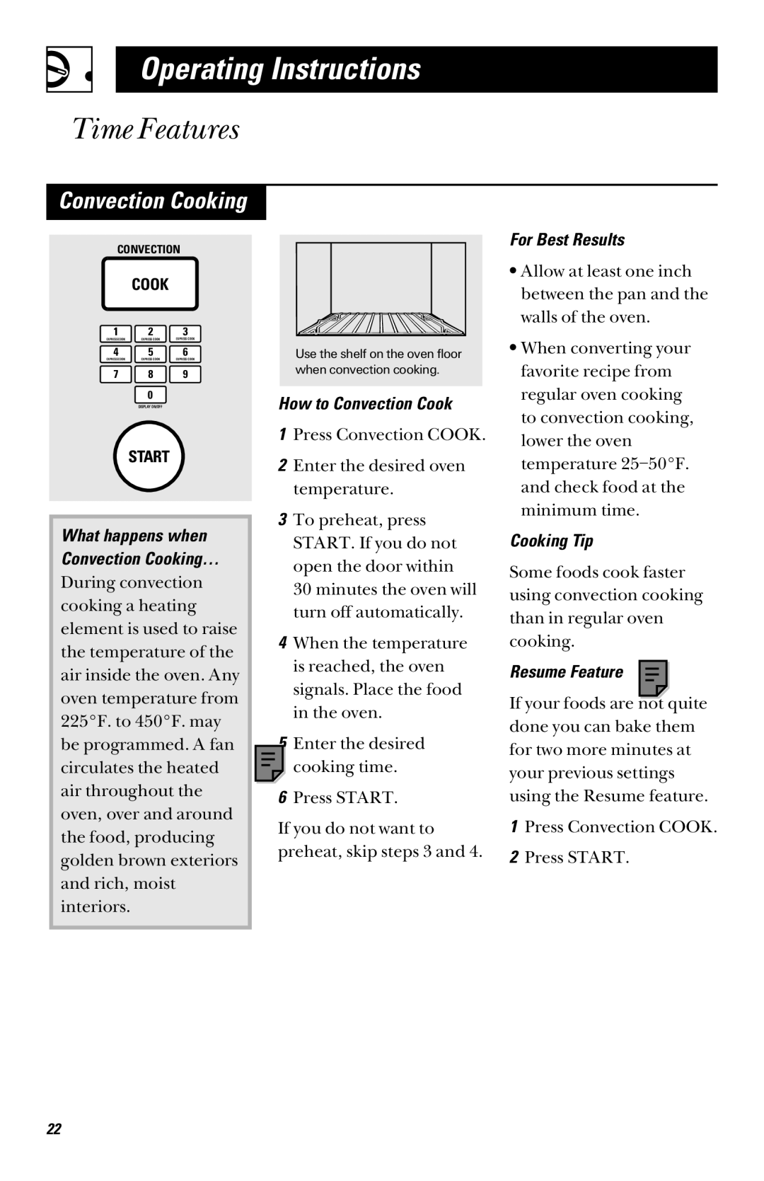 GE 49-40002, JVM1090, 164D3370P003 owner manual How to Convection Cook, For Best Results, Cooking Tip, Resume Feature 