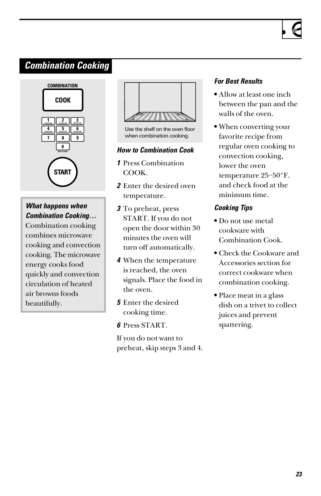 GE 164D3370P003, JVM1090, 49-40002 owner manual How to Combination Cook, Cooking Tips 