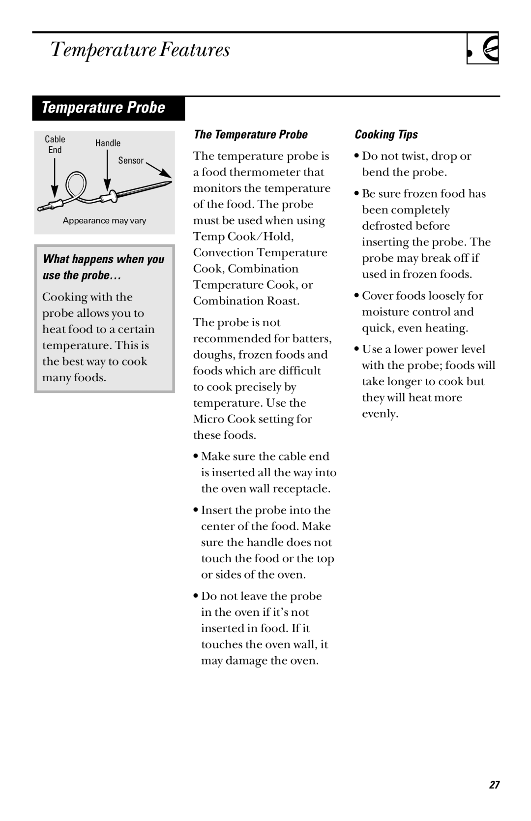 GE JVM1090, 49-40002, 164D3370P003 owner manual Temperature Features, Temperature Probe, What happens when you use the probe… 