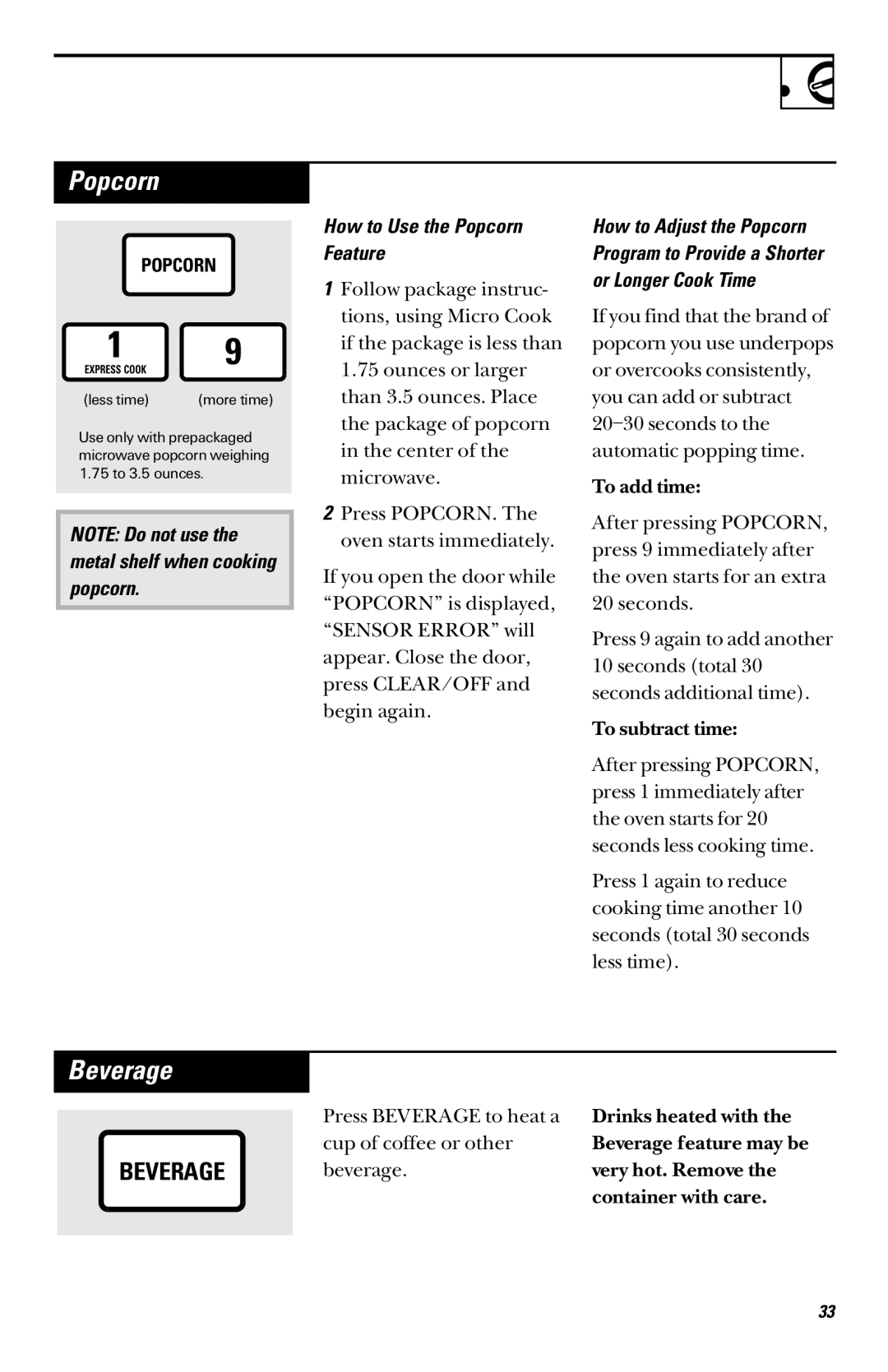 GE JVM1090, 49-40002, 164D3370P003 owner manual Beverage, How to Use the Popcorn Feature 