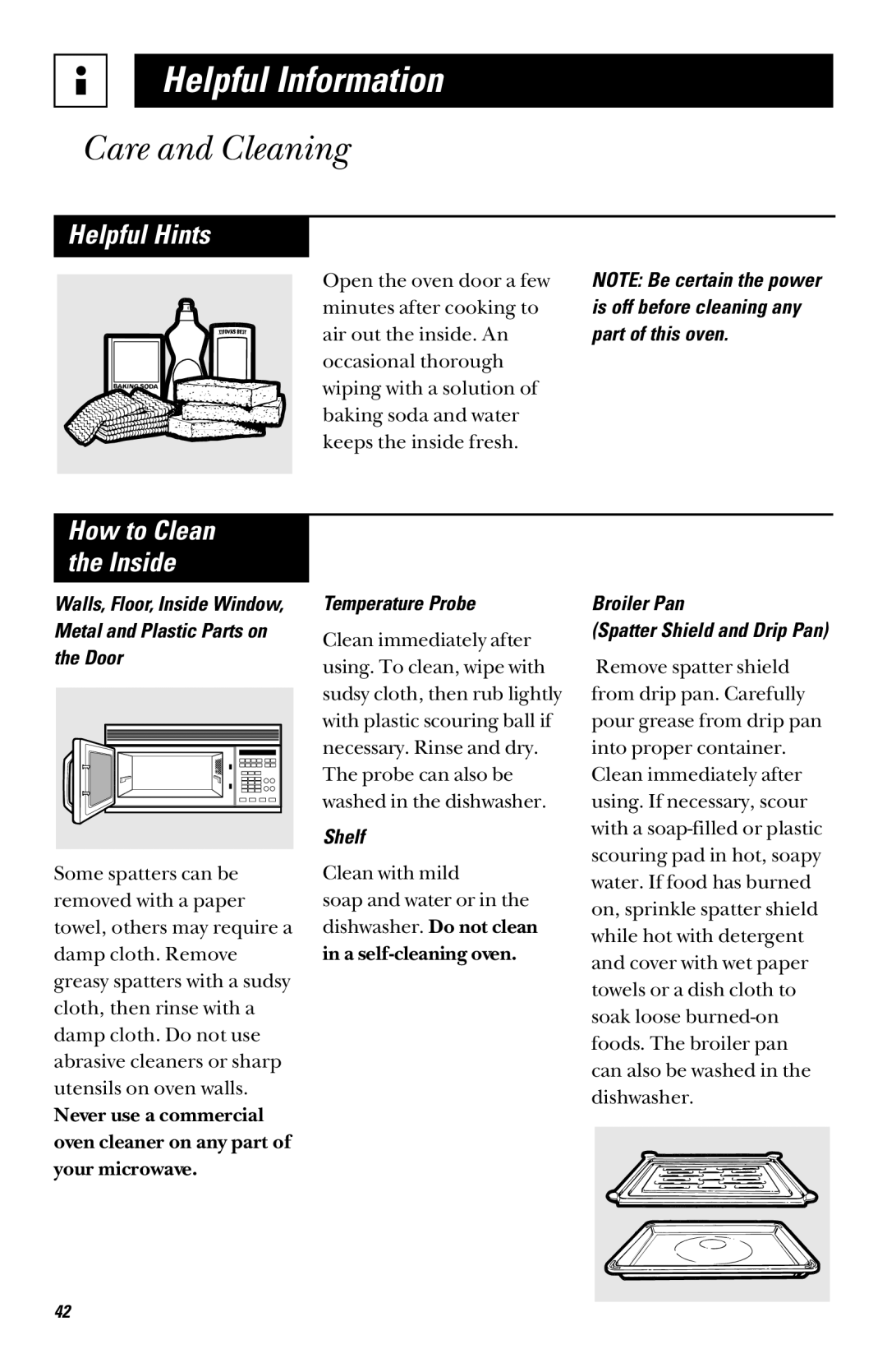 GE JVM1090, 49-40002, 164D3370P003 Care and Cleaning, Helpful Hints, Shelf, Broiler Pan Spatter Shield and Drip Pan 