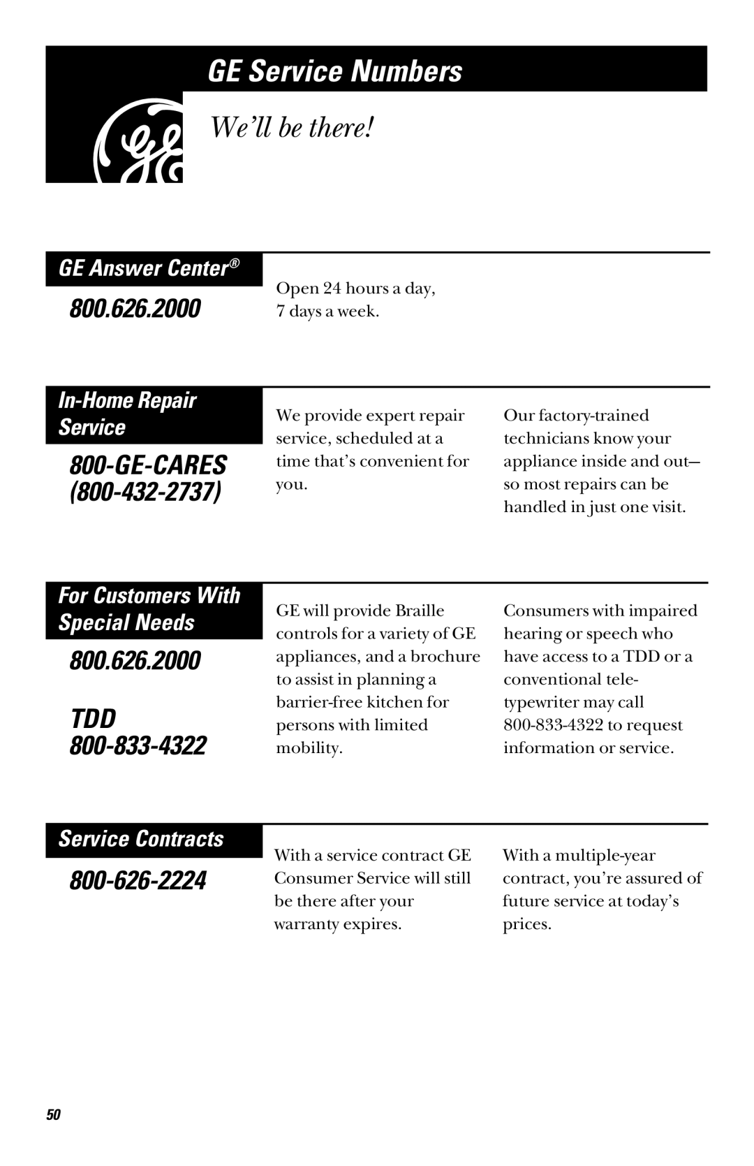 GE 164D3370P003, JVM1090, 49-40002 owner manual We’ll be there, GE Answer Center, Service Contracts 