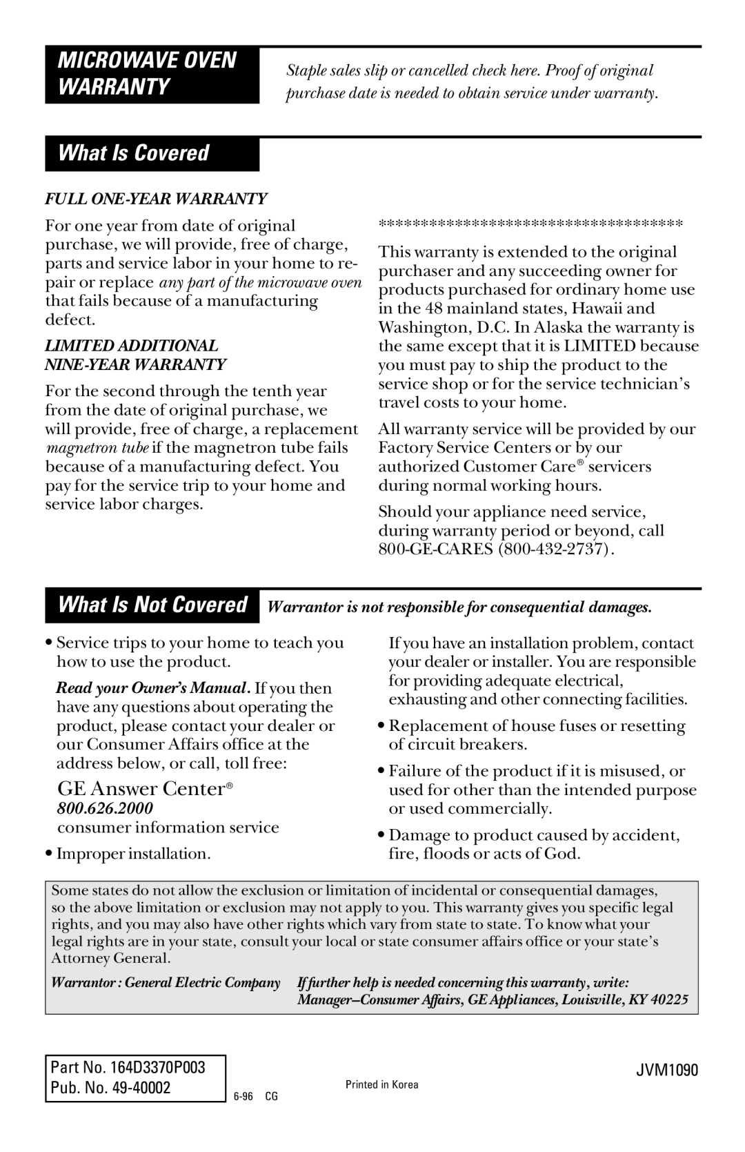 GE 49-40002, JVM1090, 164D3370P003 owner manual What Is Covered, Microwave Oven Warranty 