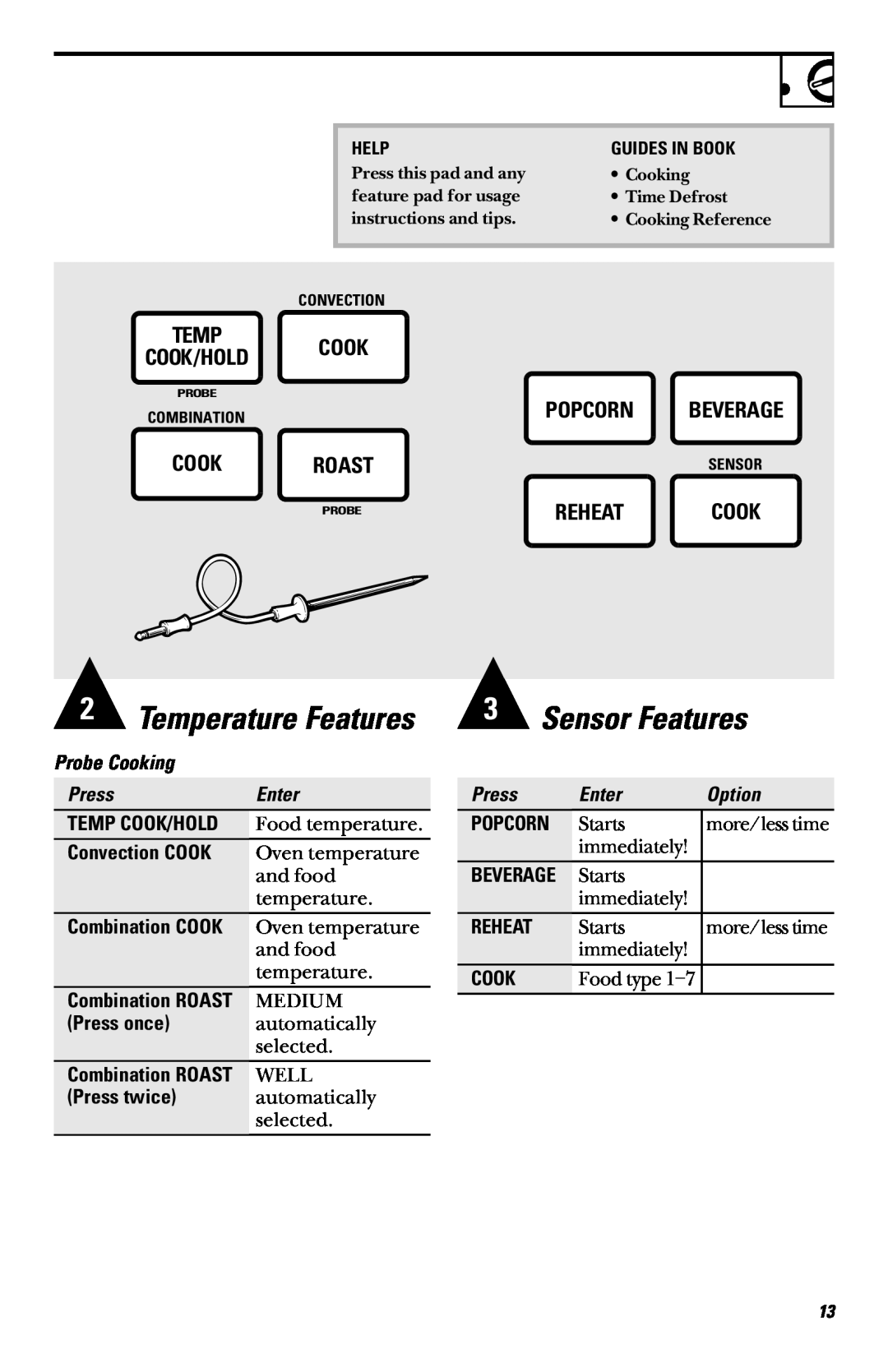 GE 49-40002 Sensor Features, Temperature Features, Temp Cook/Hold Cook, Convection COOK, Combination COOK, Press once 