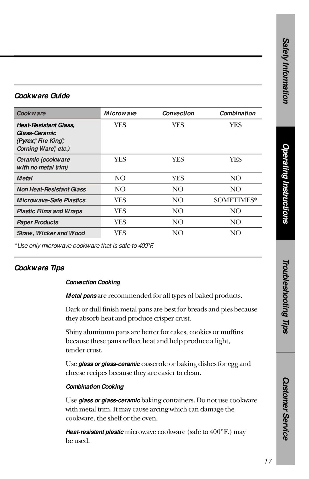 GE JVM1190 owner manual Cookware Guide, Cookware Tips 