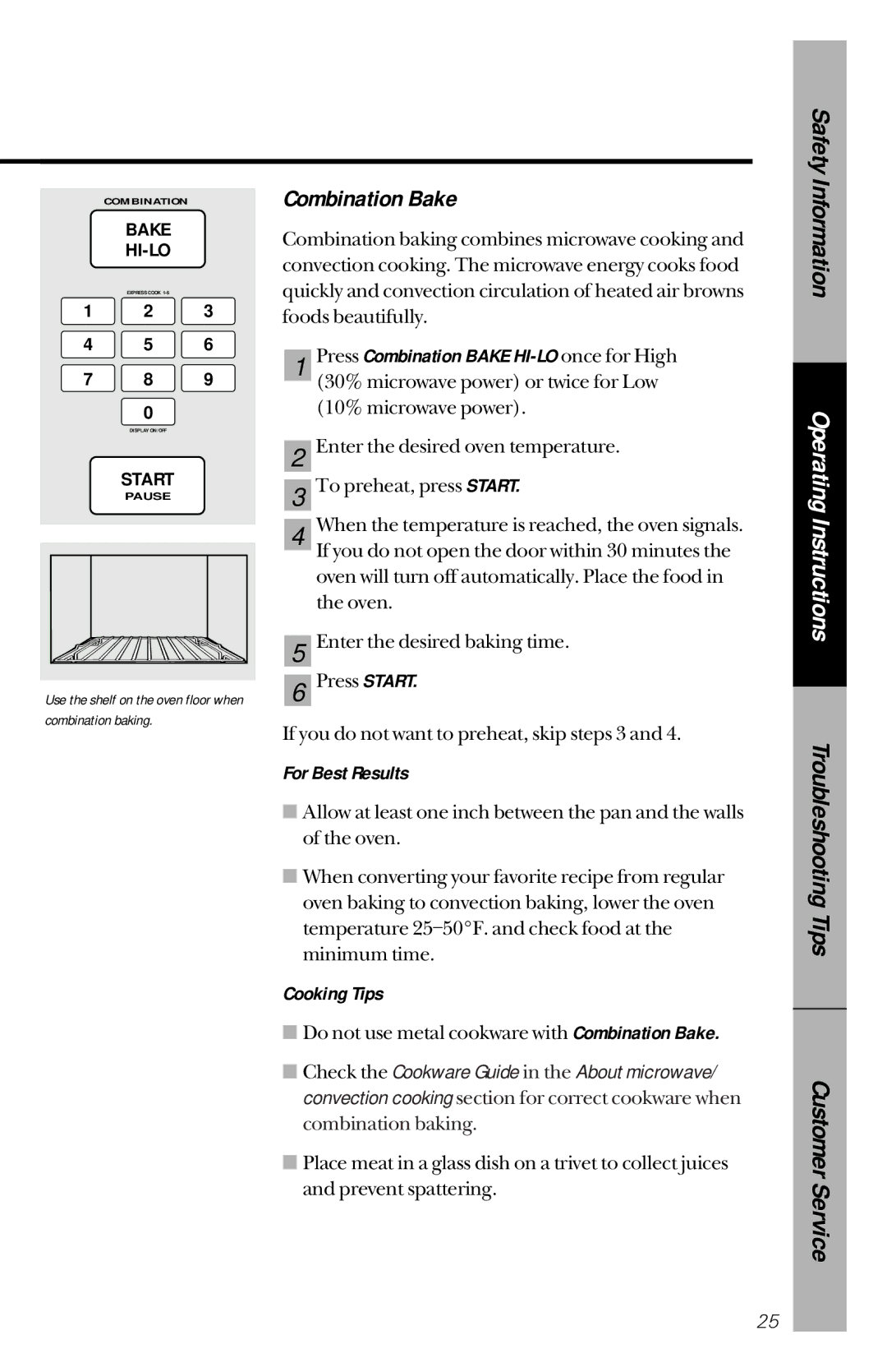 GE JVM1190 owner manual Press Combination Bake HI-LO once for High, Cooking Tips 