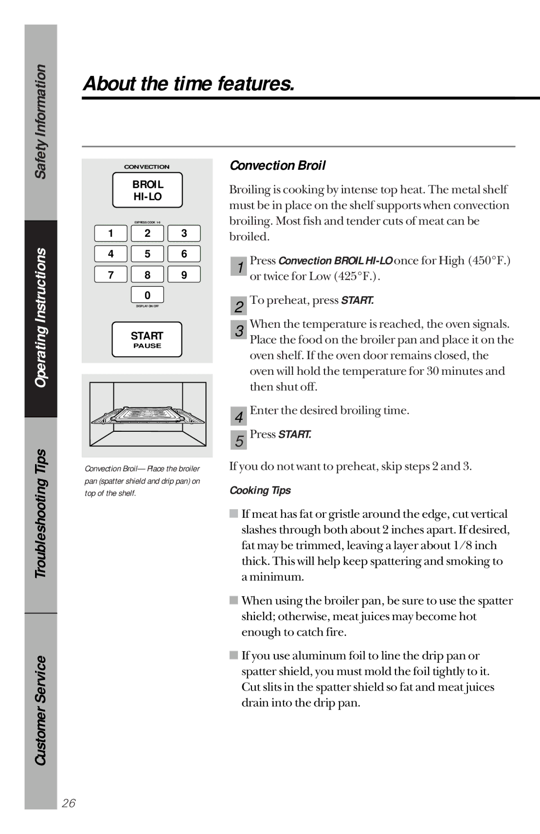 GE JVM1190 owner manual Tips, Convection Broil 