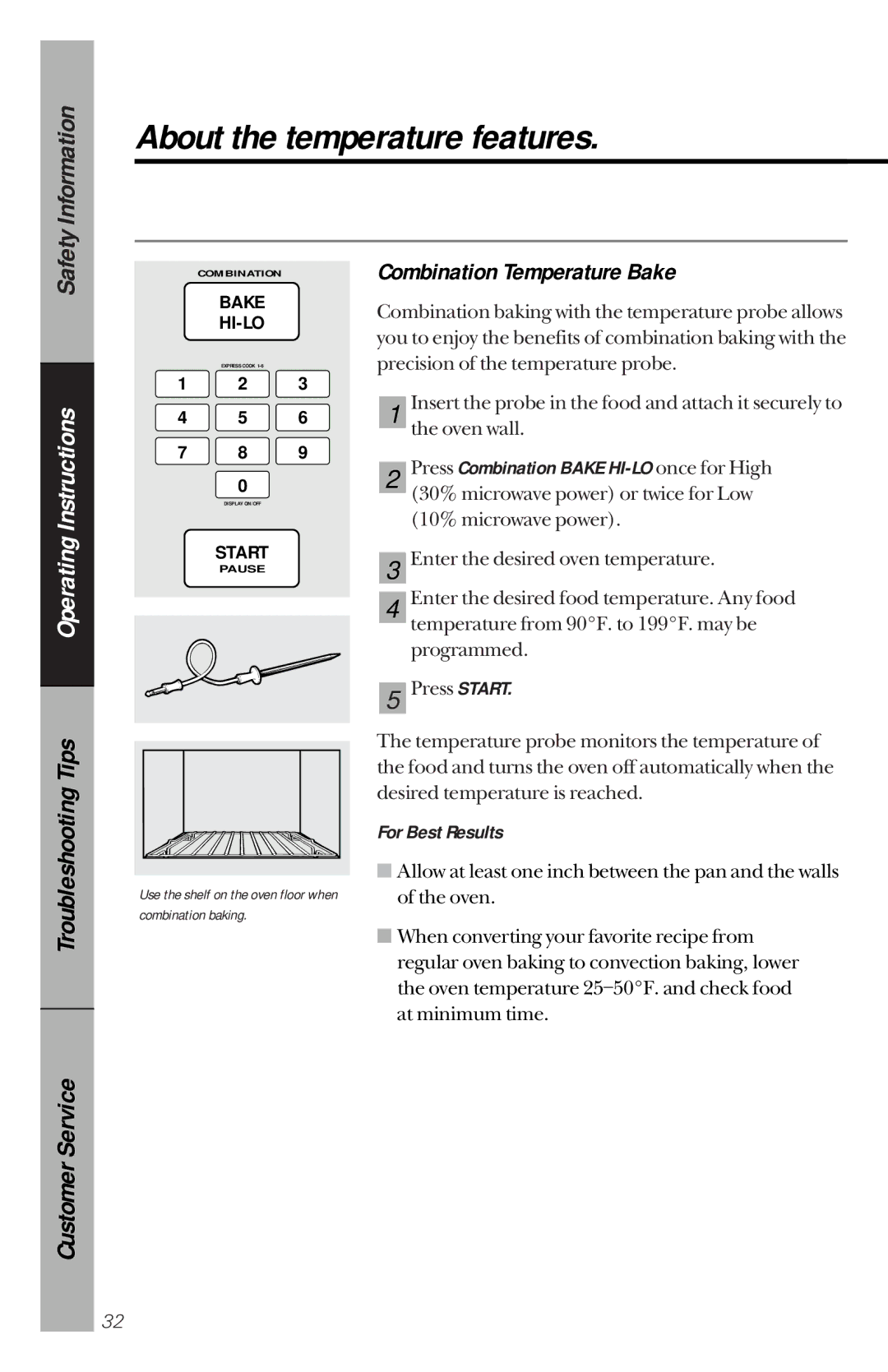 GE JVM1190 owner manual Combination Temperature Bake, Press Combination Bake HI-LO once for High 