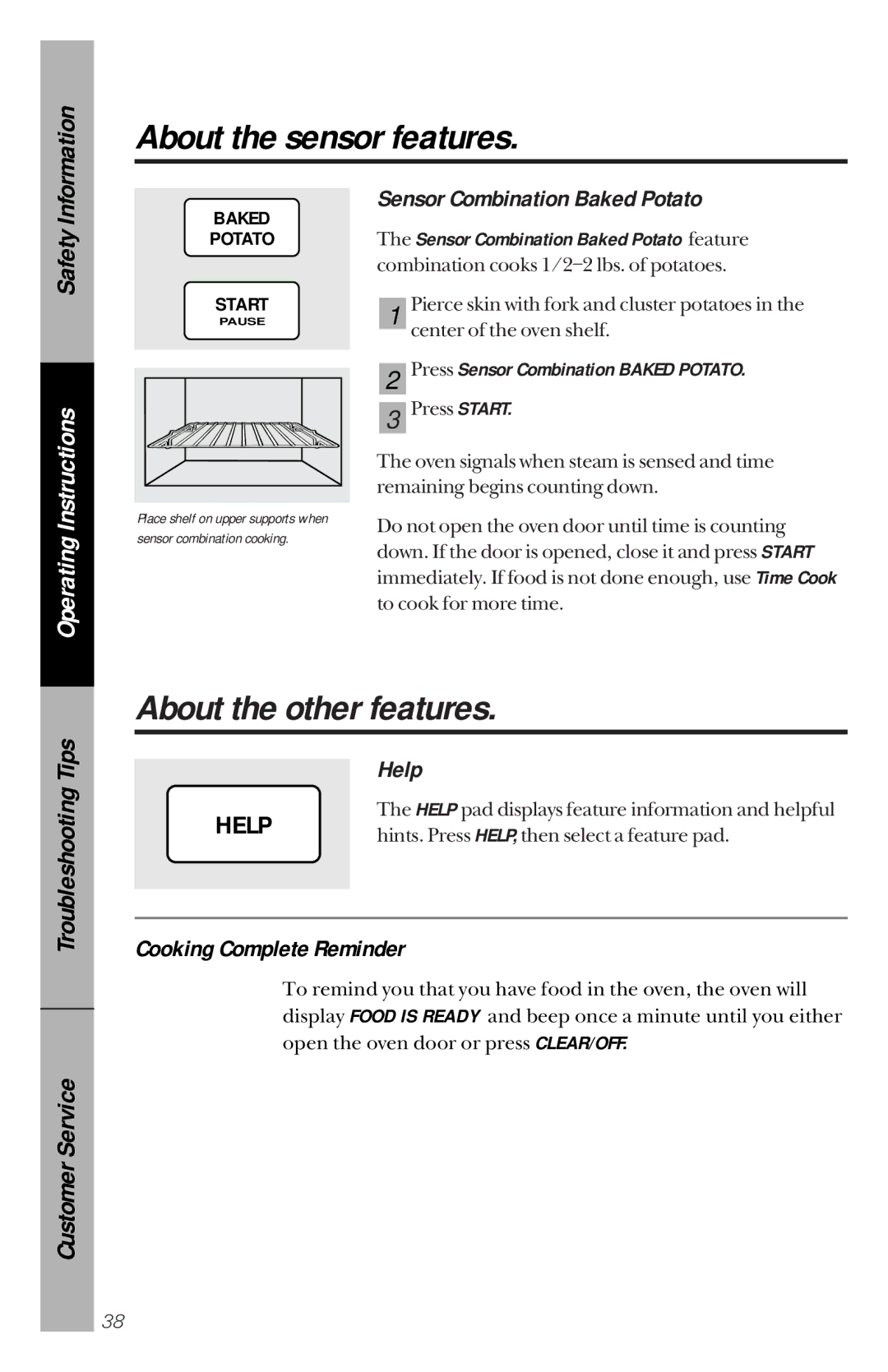 GE JVM1190 owner manual About the other features, Sensor Combination Baked Potato, Help, Cooking Complete Reminder 