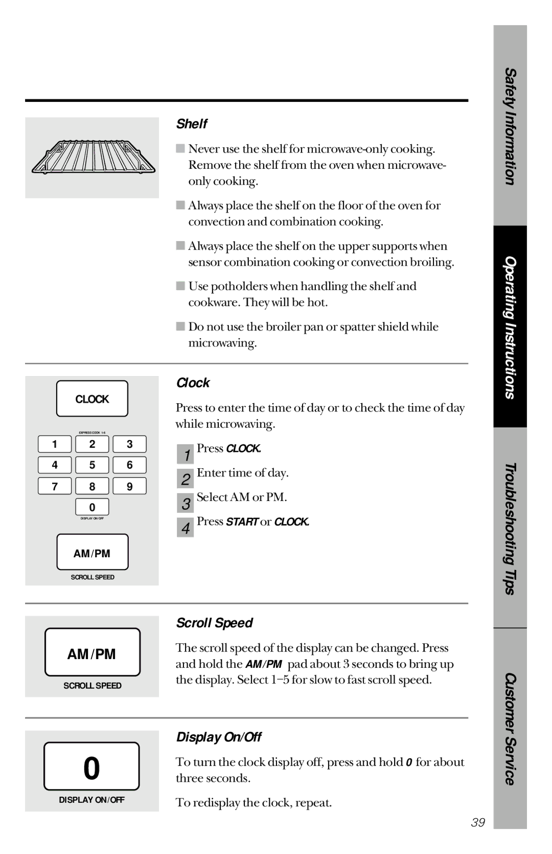 GE JVM1190 owner manual Shelf, Clock, Scroll Speed, Display On/Off, Troubleshooting 