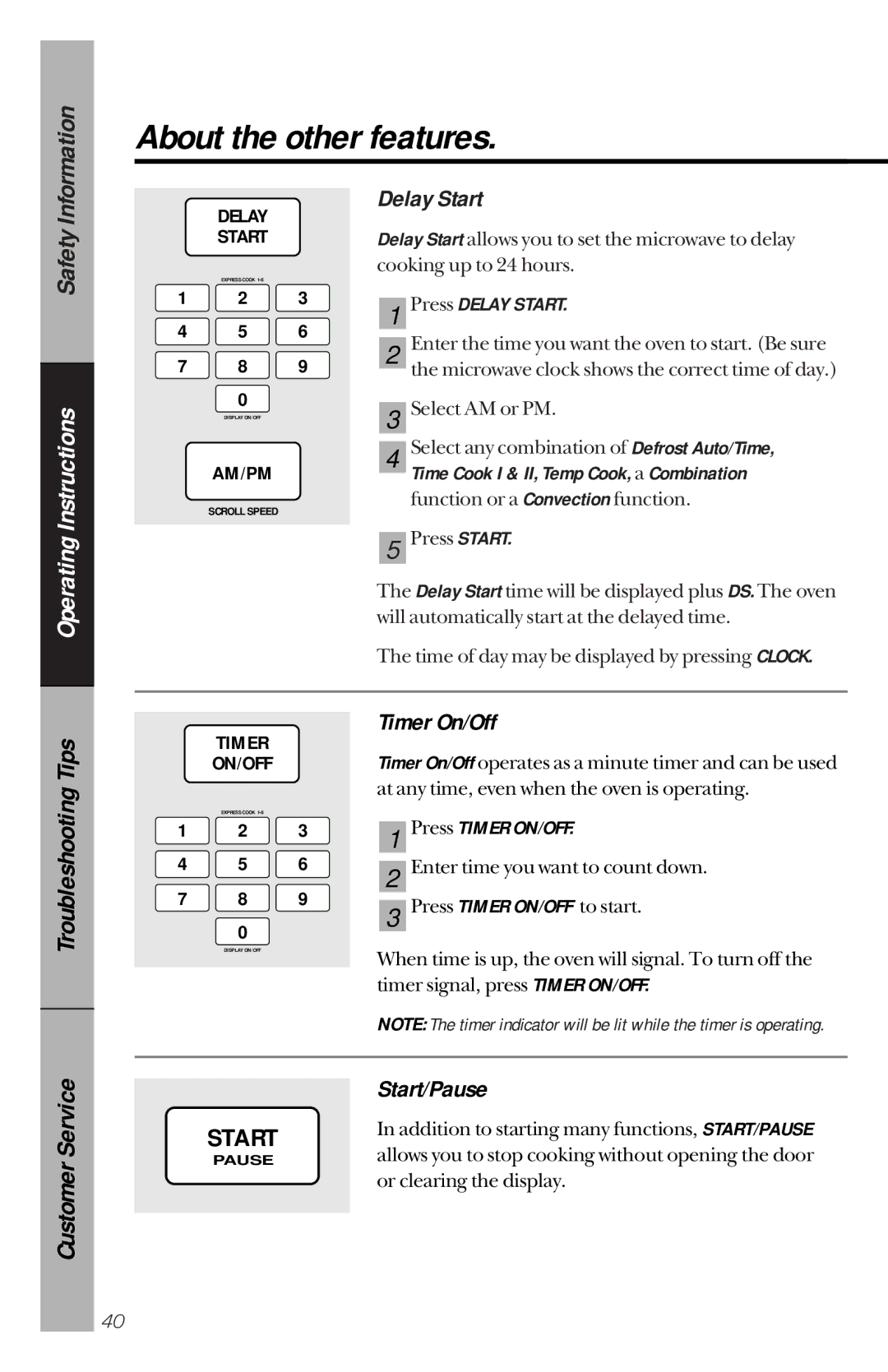 GE JVM1190 owner manual Timer On/Off, Start/Pause, Press Delay Start, Press Timer ON/OFF 