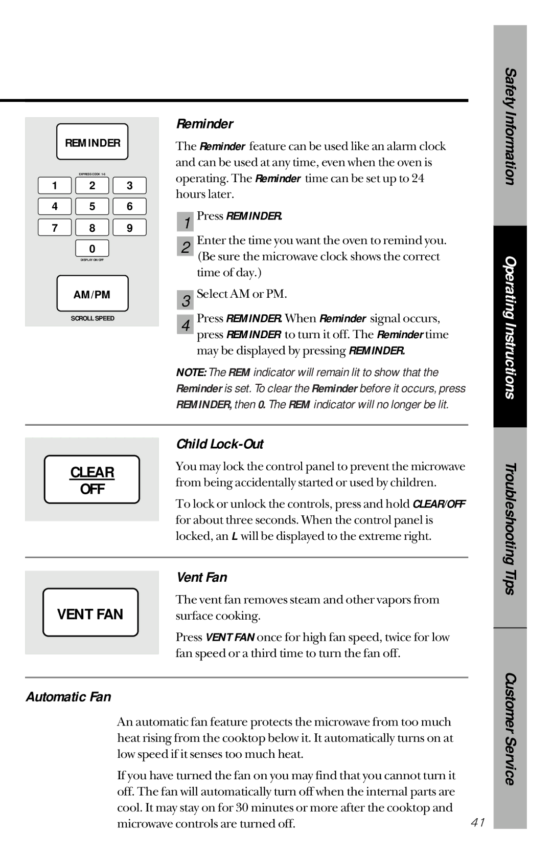 GE JVM1190 owner manual Reminder, Child Lock-Out, Vent Fan, Automatic Fan 