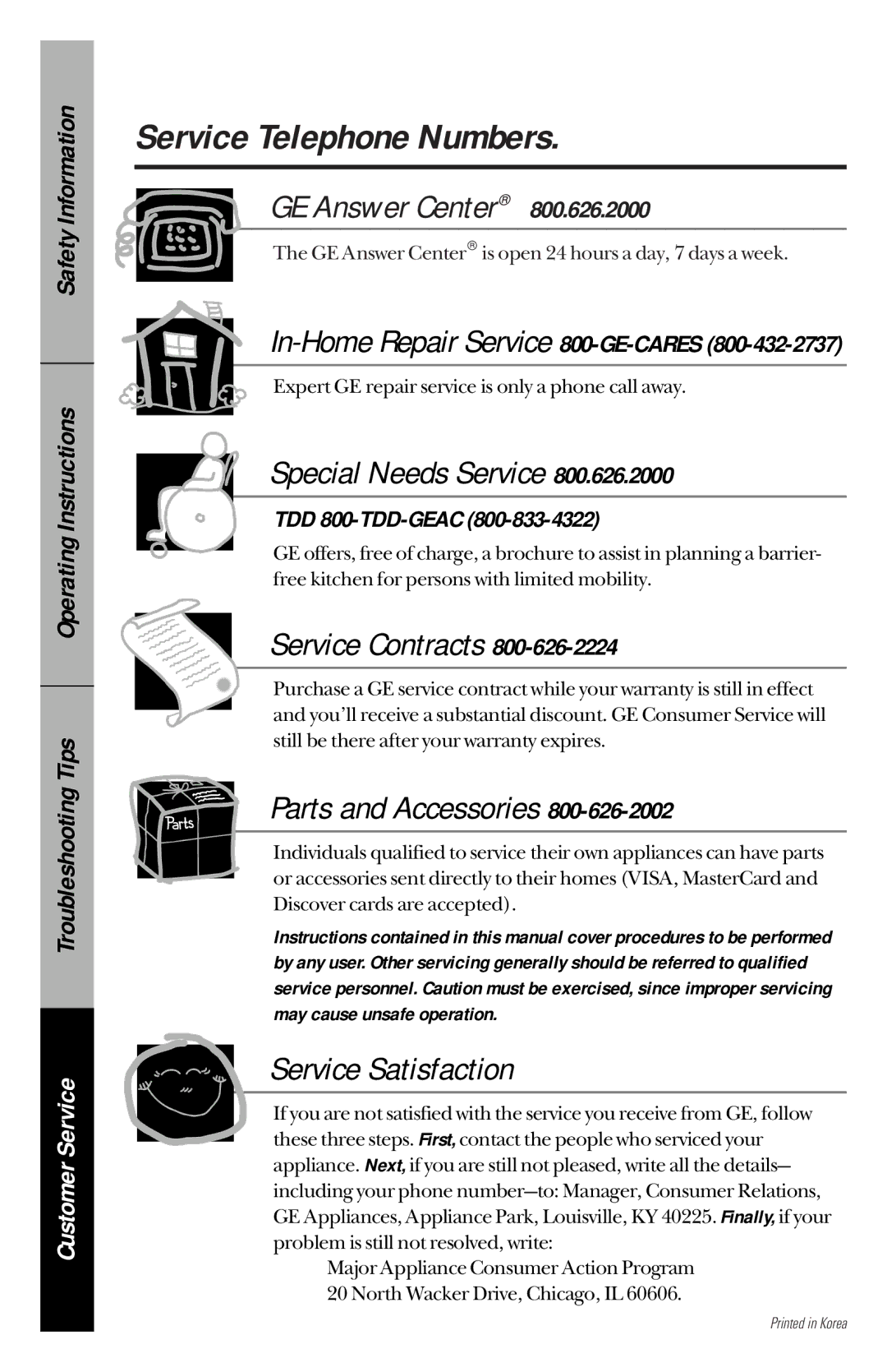 GE JVM1190 owner manual Service Telephone Numbers, In-Home Repair Service 800-GE-CARES, TDD 800-TDD-GEAC 