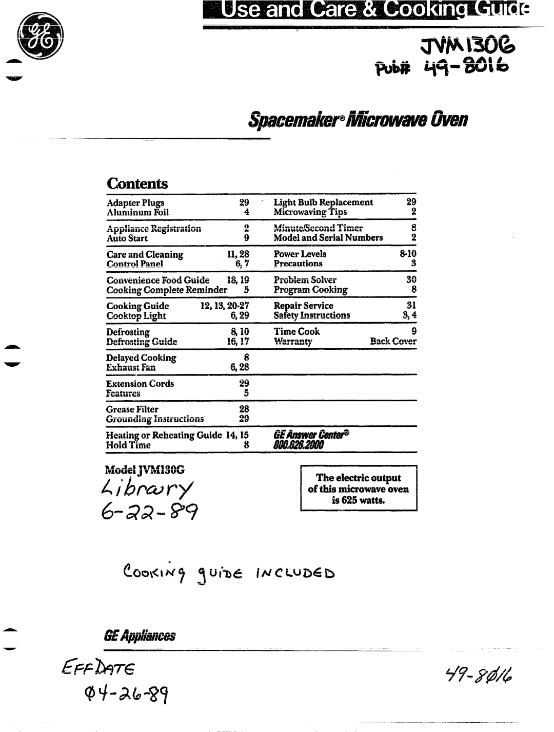 GE JVM130G warranty Ektr’ic output, 522=- $?9 