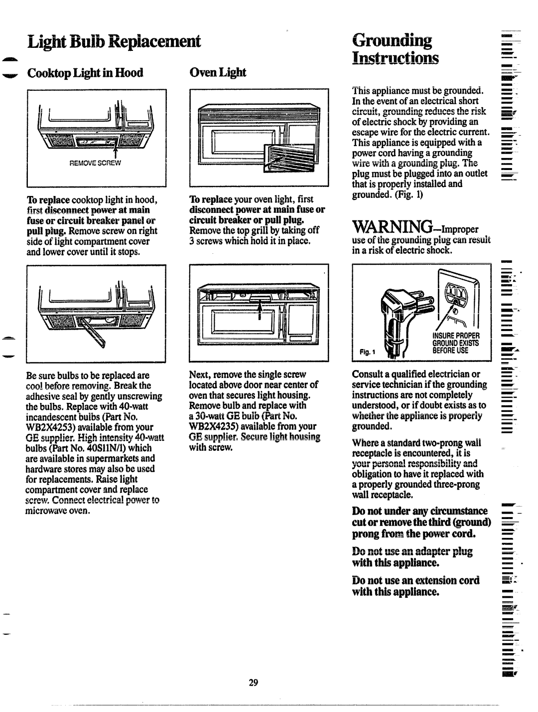 GE JVM130G warranty Light, ProngfromShepowercord, Cutorremovetlwthirdground 