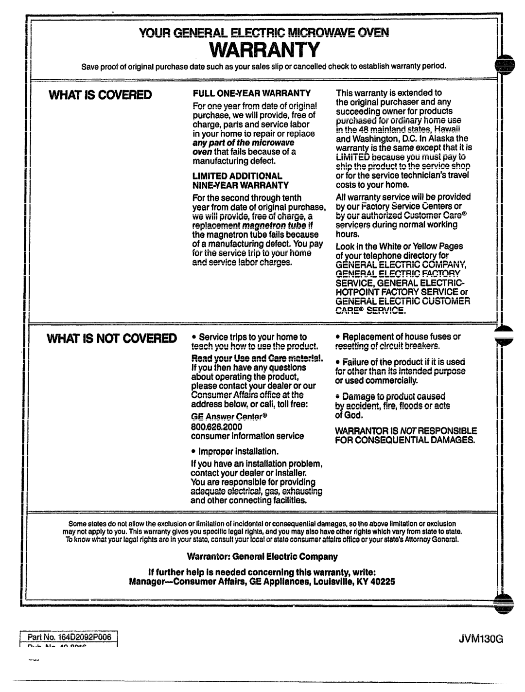GE JVM130G warranty Whatiscovered 