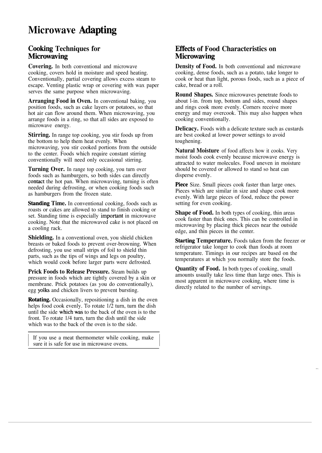 GE JVM130H warranty Microwave Atipting, Cooti~ Techniques for Microwavi~, Effech of Food Characteristics on MicrowaviM 