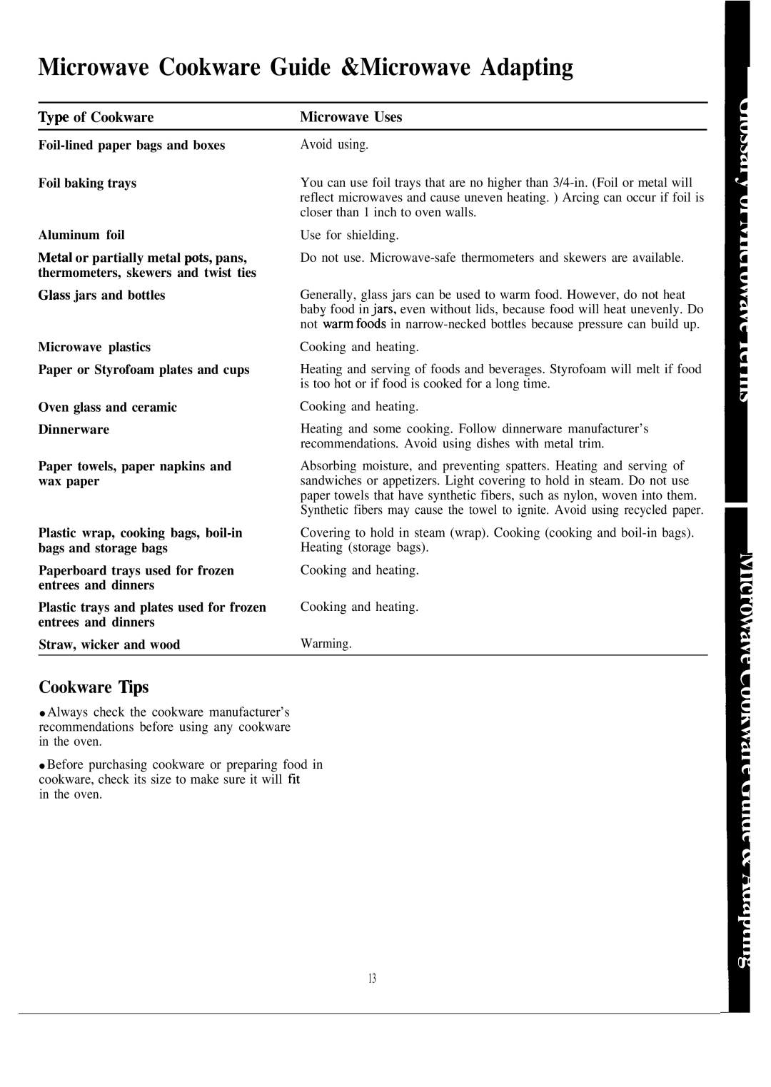 GE 49-8096, JVM130J warranty Microwave Cookware Guide &Microwave Adapting, Cookware ~ps, ~p of Cookware Microwave Uses 