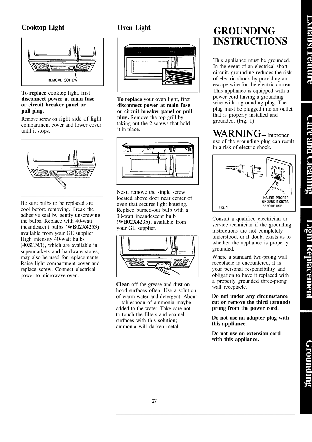 GE JVM130J, 49-8096, 164 D2092P126 warranty Grounding Instructions, Cooktop Light Oven Light 