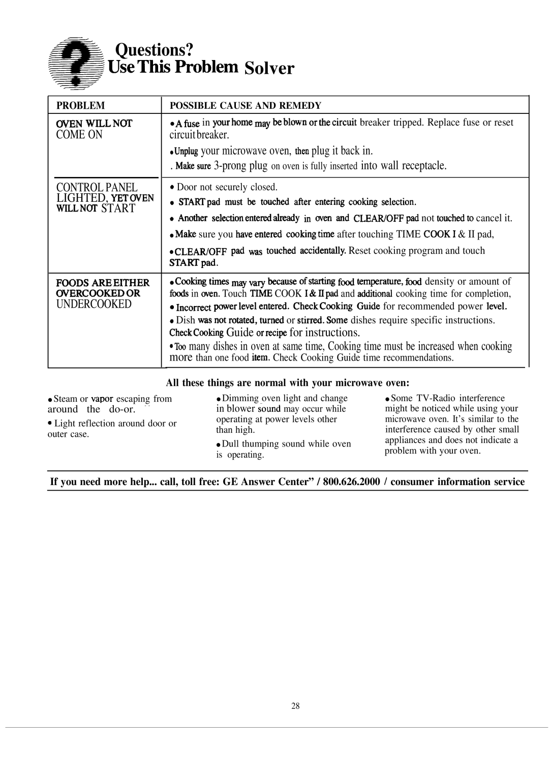 GE 49-8096, JVM130J warranty ~ Questions? ~j UseThis fioblem Solver, All these things are normal with your microwave oven 