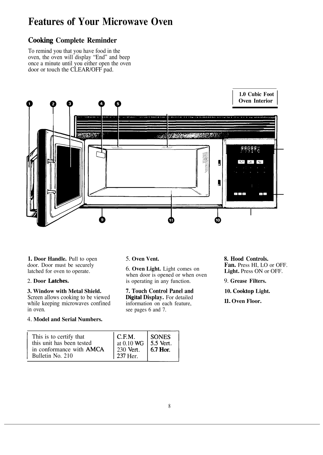 GE 164 D2092P126, JVM130J Features of Your Microwave Oven, Coohw Complete Reminder, Touch Control Panel, Hood Controls 