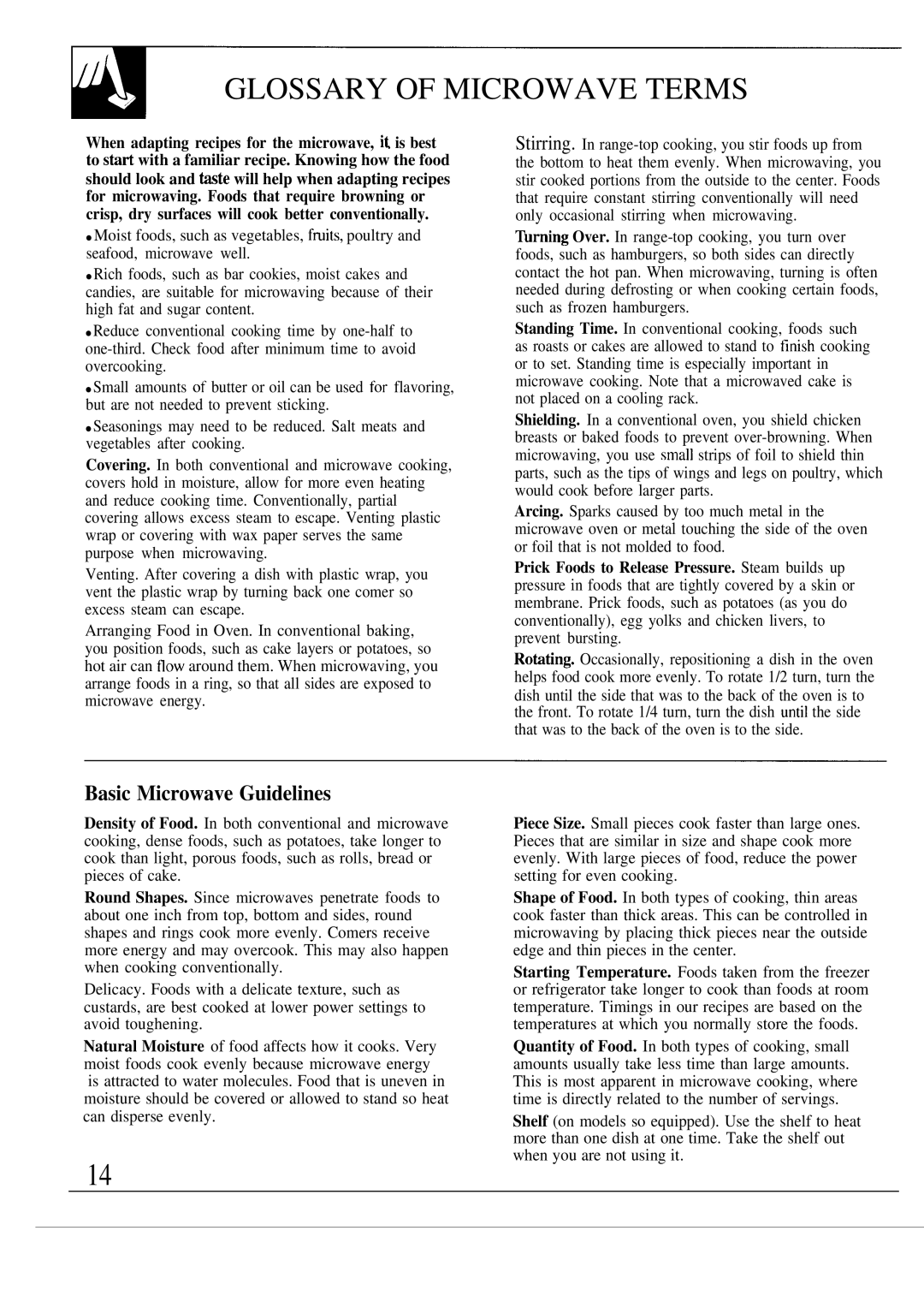 GE JVM130K, JVM131K warranty Glossary of Microwave Terms, Basic Microwave Guidelines 