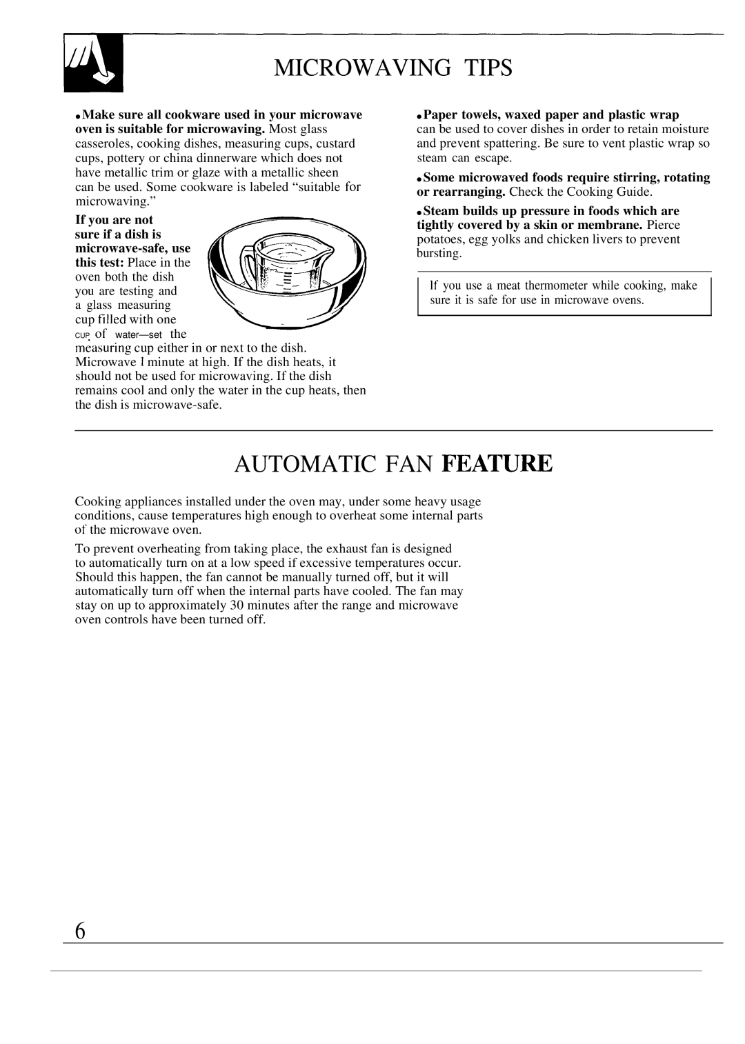 GE JVM130K, JVM131K warranty Microwaving Tips, Automatic FAN FEATU~, Paper towels, waxed paper and plastic wrap 