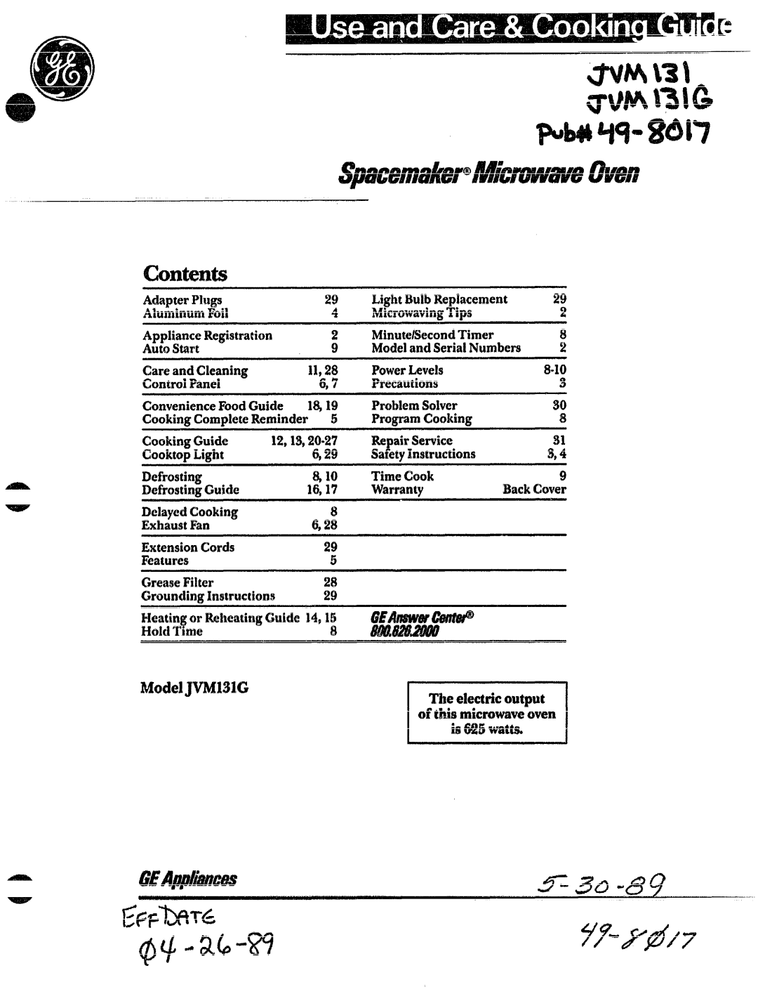 GE JVM131 manual 64!5wattss 