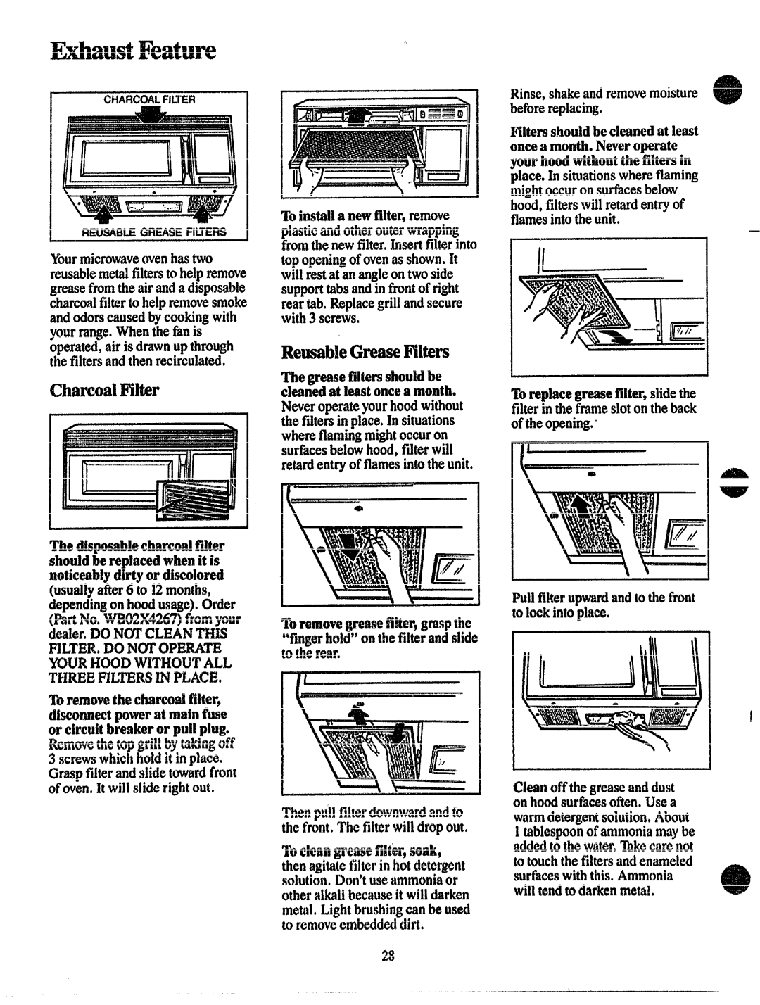 GE JVM131 manual Charcoall?llter, Shouldber, Mkwkintoplace Fingerh k, ‘lbdeang, Don’tuseammoniaor OtheraMaIib Beused 