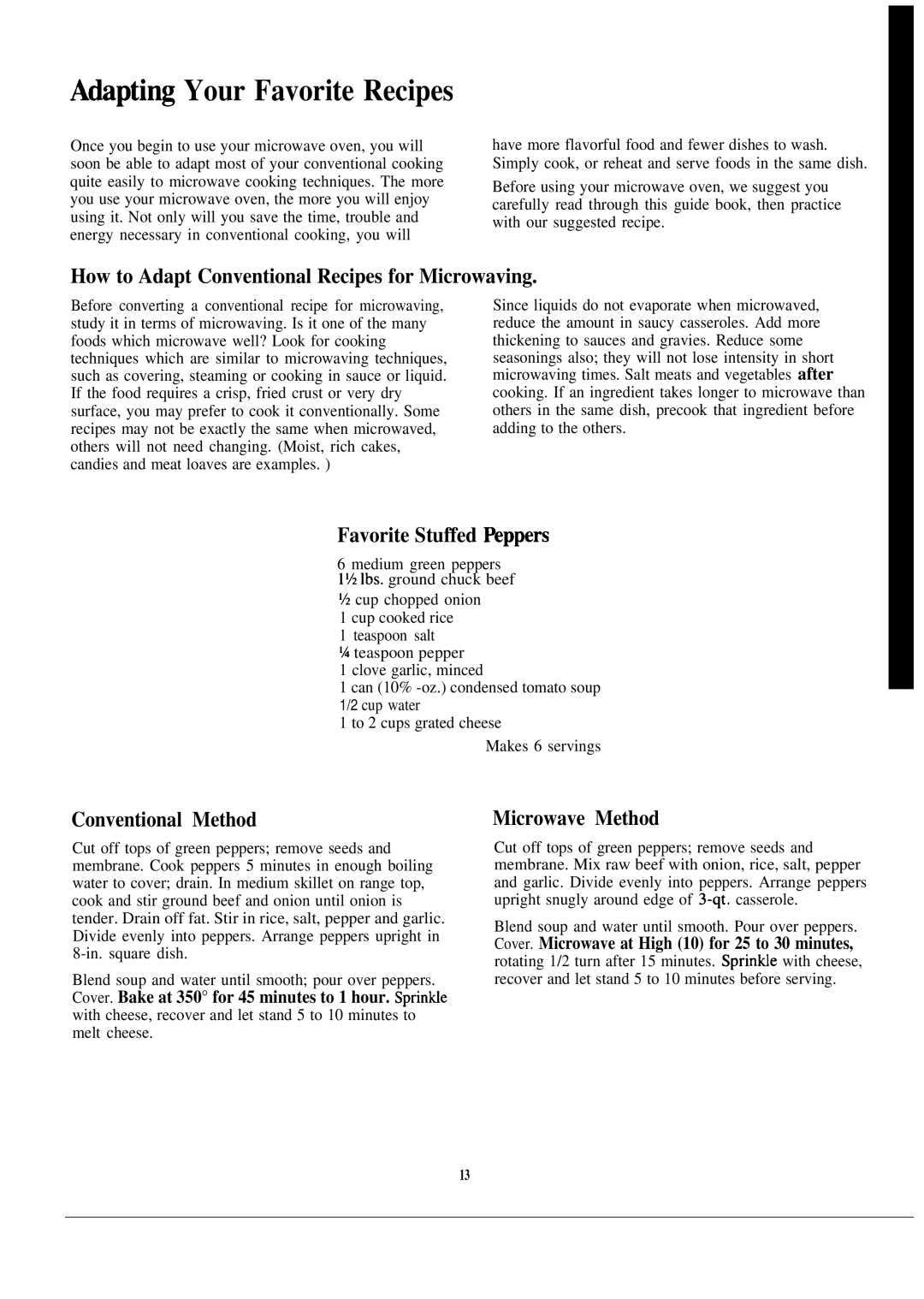 GE 49-8027 Atipting Your Favorite Recipes, How to Adapt Conventional Recipes for Microwaving, Favorite Stuffed Rppers 