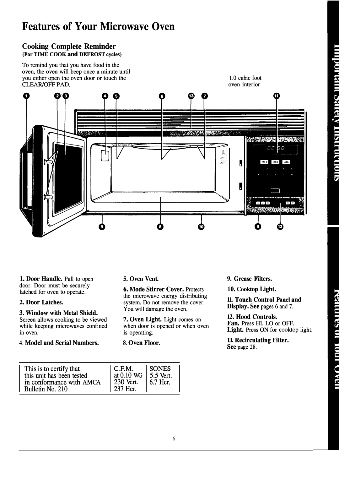 GE 164D2092P020, JVM131H Features of Your Microwave Oven, Cooting Complete Reminder, in conformance with AMCA Bulletin No 