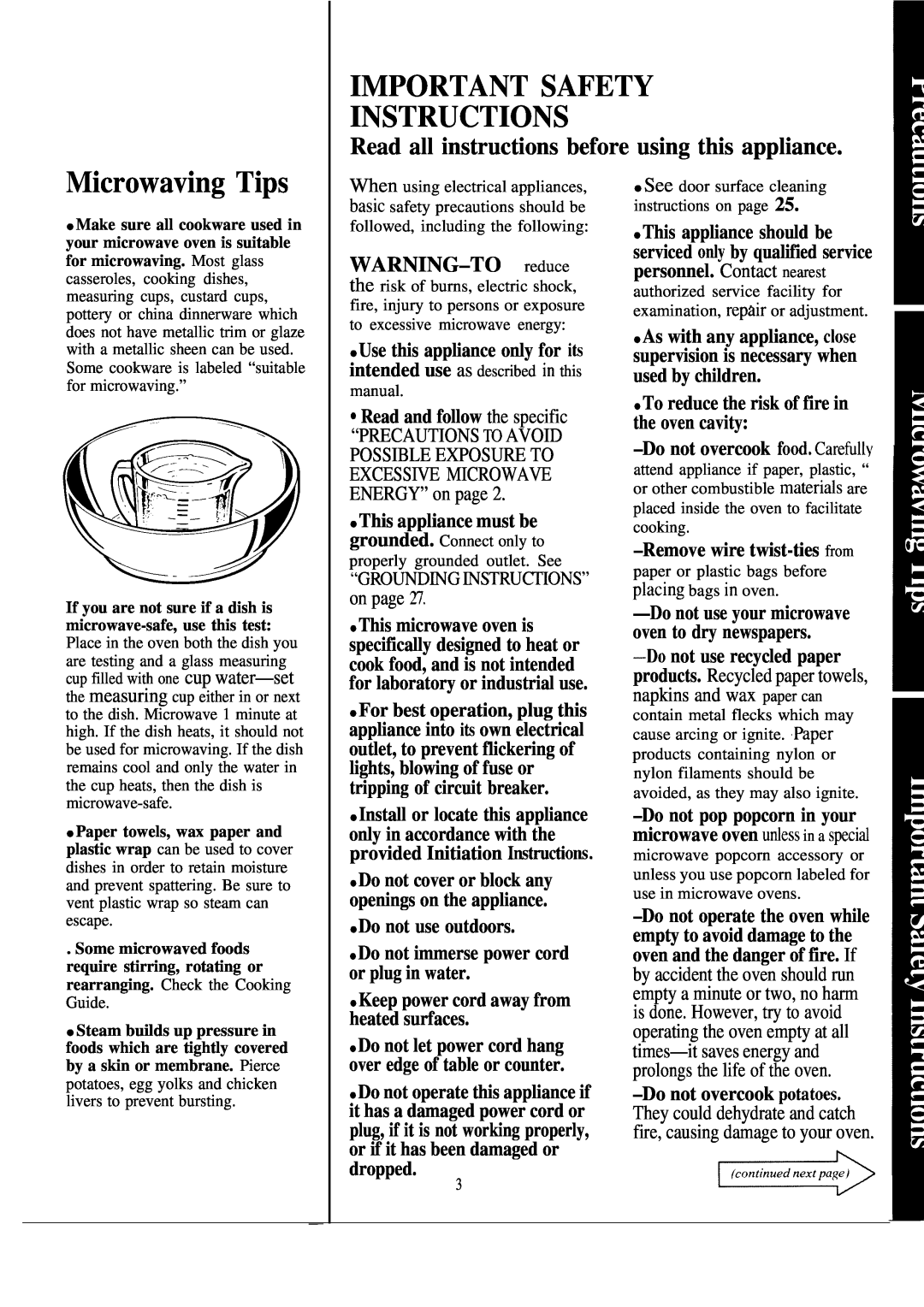 GE JVM131J Important Safety Instructions, Microwaving Tips, Read all instructions before using this appliance, dropped 