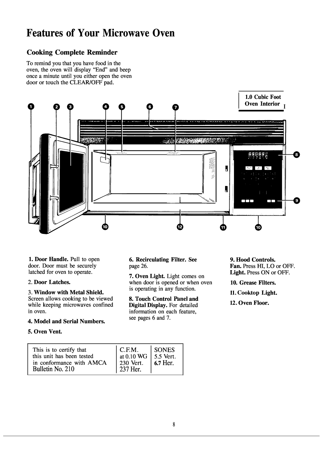 GE 164 D2092P127 Features of Your Microwave Oven, Cooking Complete Reminder, Bulletin No, 237 Her, Door Latches, 6.7 Her 