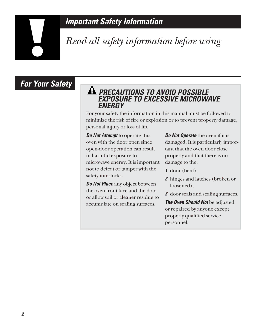 GE JVM1320 warranty Read all safety information before using, For Your Safety 