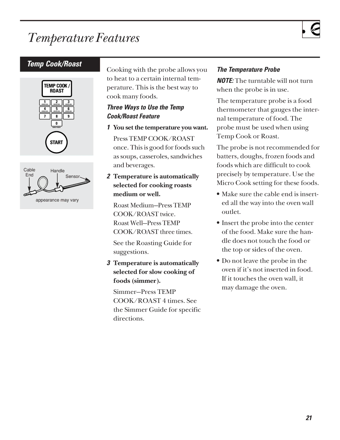 GE JVM1320 warranty Temperature Features, Temp Cook/Roast, Temperature Probe 