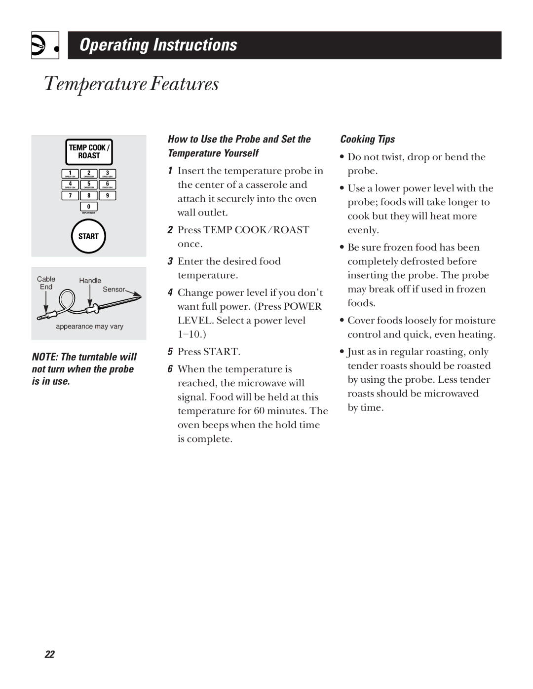 GE JVM1320 warranty How to Use the Probe and Set the Temperature Yourself, Cooking Tips 