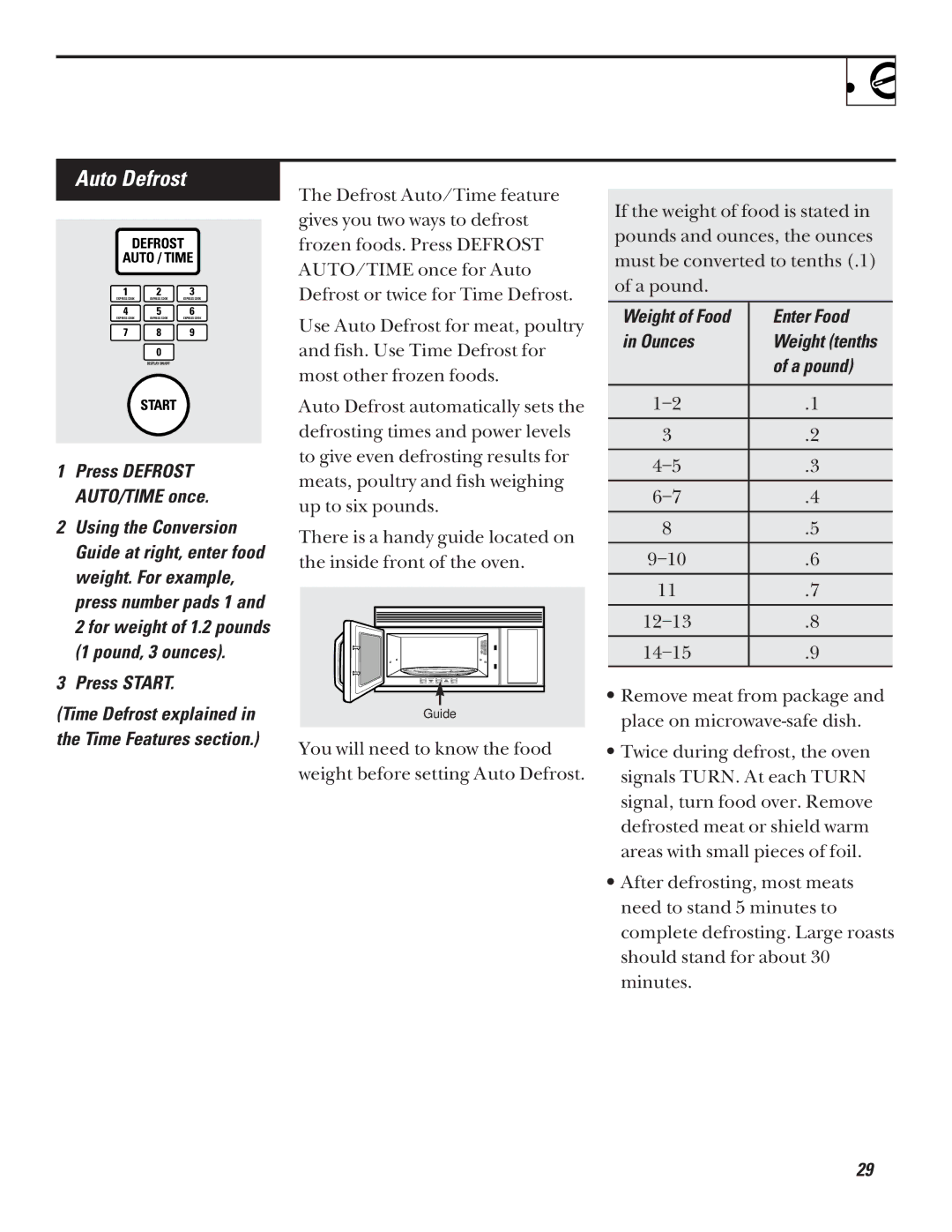 GE JVM1320 warranty Auto Defrost, Enter Food, Ounces 