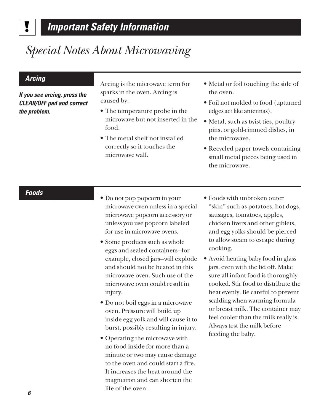 GE JVM1320 warranty Special Notes About Microwaving, Arcing, Foods 