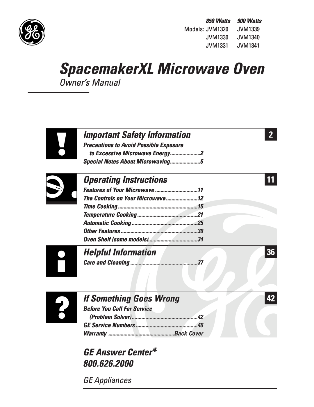 GE JVM1331 warranty Important Safety Information, GE Answer Center, SpacemakerXL Microwave Oven, Operating Instructions 