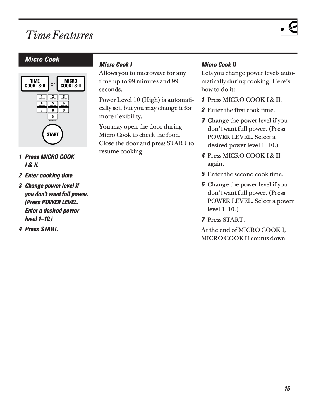 GE JVM1320 warranty Time Features, Micro Cook 