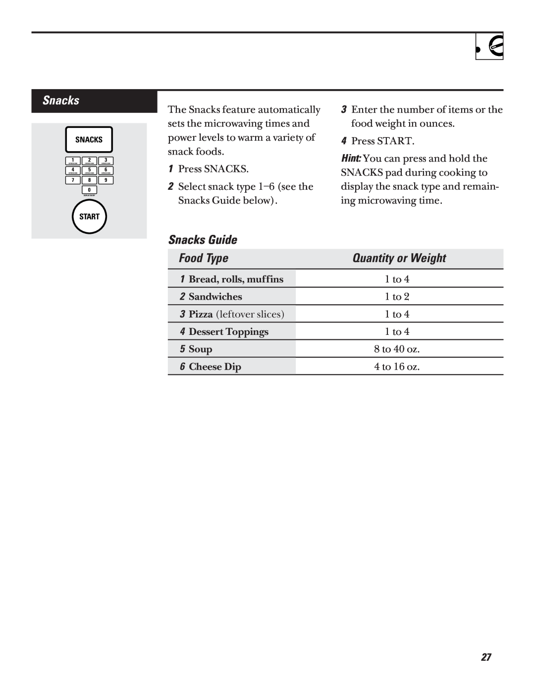 GE JVM1320 warranty Snacks Guide, Quantity or Weight, Food Type 