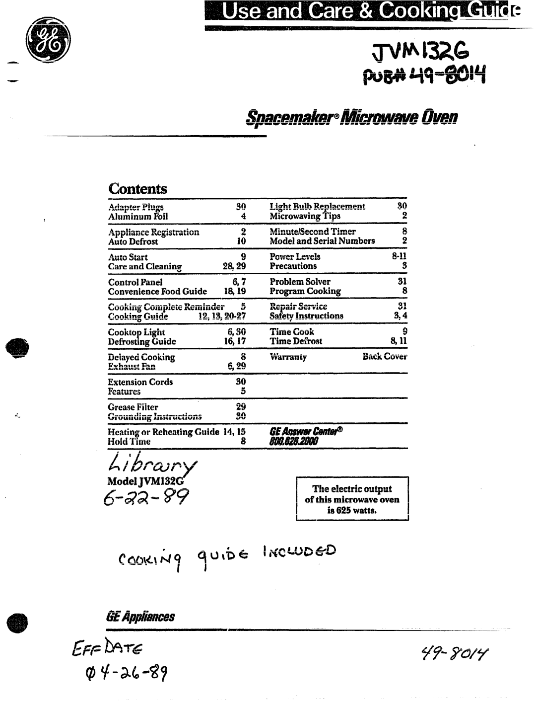 GE JVM132G manual ‘rileekcwic output, TimeDefrost DelayedCooking WW1’anty, ExtensionCords 